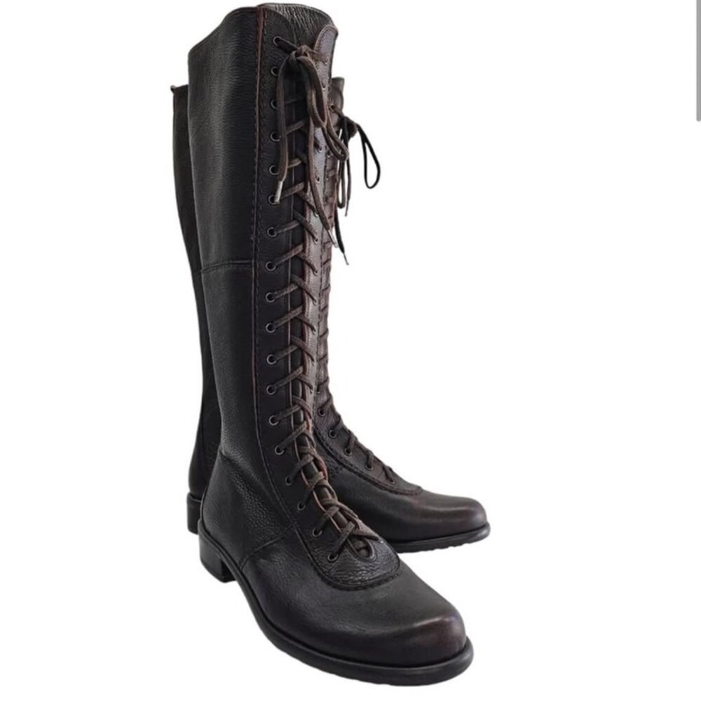 Stuart Weitzman Lace Up Riding Boots Women's Size 7-7.5 Brown Leather Moto Comba